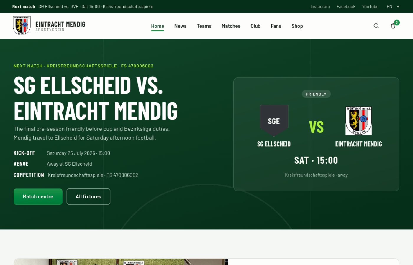 Startseite der ClubSiteKit Demo mit Matchcenter-Hero, naechstem Spiel und News